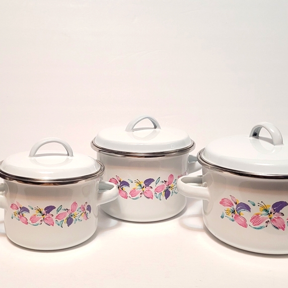 Vintage NEW enamel floral mini stock pots with lids - Picture 4 of 12